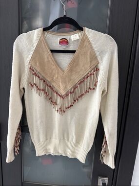 Vtg Miller 109% leather Cream Fringe-Trim V-Neck Sweater
